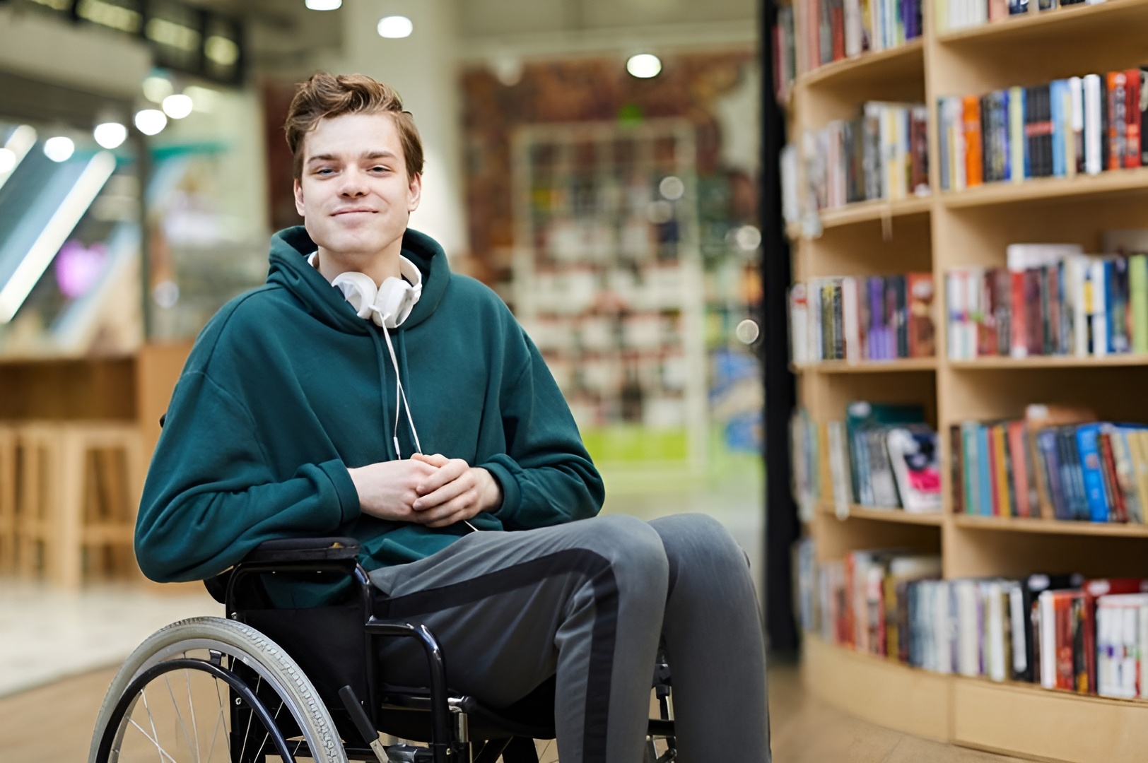 Send Careers - young man in a wheel chair in a library